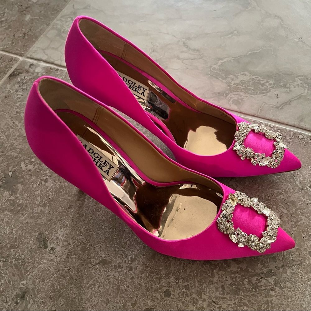 Badgley Mischka Cher Satin Brooch Embellished Pumps Pink, New, Size 7.5 - Picture 9 of 16